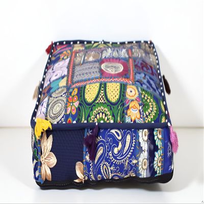 CRAFT KALA Indian Square Patchwork Traditional Pouf Cover Indian Living Room Poufs Decorative Embroidered Designer Ottoman Home Living Footstool Chair Cover Decor Pillow Cover 18x18x5 inches, Blue