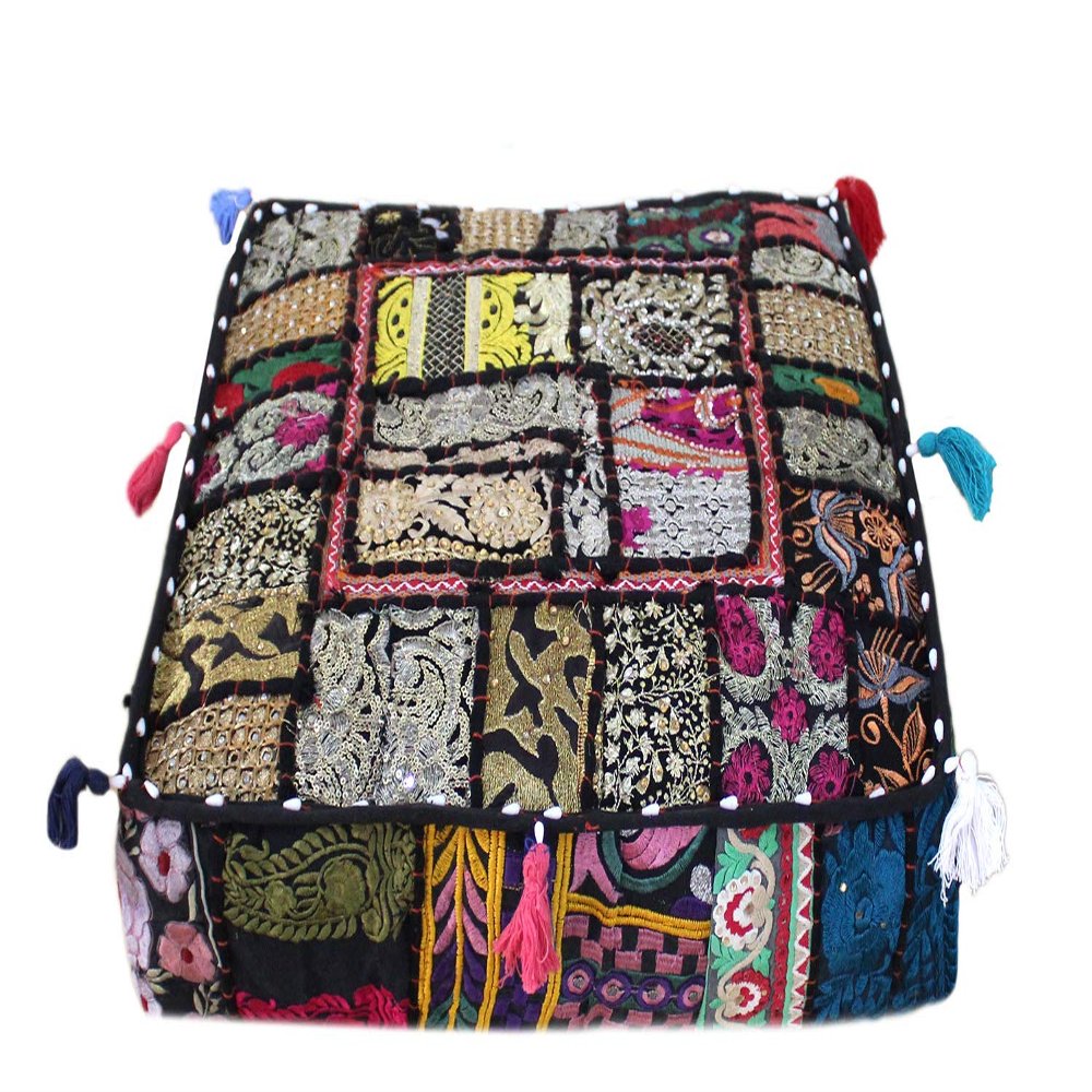 CRAFT KALA Indian Square Patchwork Traditional Pouf Cover Indian Living Room Poufs Decorative Embroidered Designer Ottoman Home Living Footstool Chair Cover Decor Pillow Cover 18x18x5 inches, Black