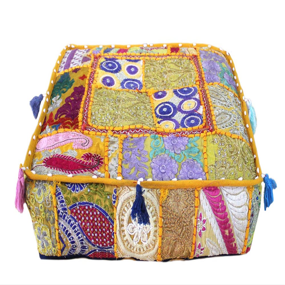 CRAFT KALA Indian Square Patchwork Traditional Pouf Cover Indian Living Room Poufs Decorative Embroidered Designer Ottoman Home Living Footstool Chair Cover Decor Pillow Cover 22x22x5 inches, Yellow