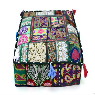 CRAFT KALA Indian Square Patchwork Traditional Pouf Cover Indian Living Room Poufs Decorative Embroidered Designer Ottoman Home Footstool Chair Cover Decor Pillow Cover 18x18x5 inches, Light Green