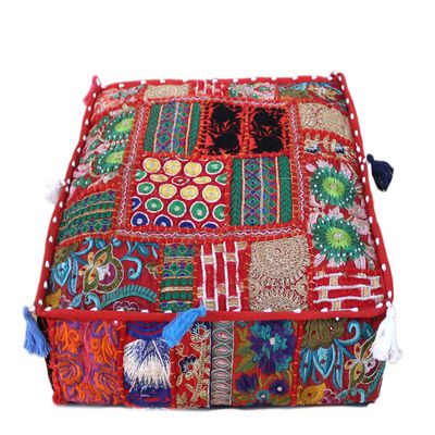 CRAFT KALA Indian Square Patchwork Traditional Pouf Cover Indian Living Room Poufs Decorative Embroidered Designer Ottoman Home Living Footstool Chair Cover Decor Pillow Cover 22x22x5 inches, Red