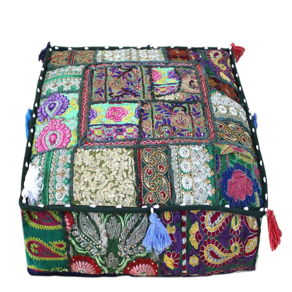 CRAFT KALA Indian Square Patchwork Traditional Pouf Cover Indian Living Room Poufs Decorative Embroidered Designer Ottoman Home Footstool Chair Cover Decor Pillow Cover 22x22x5 inches, Dark Green