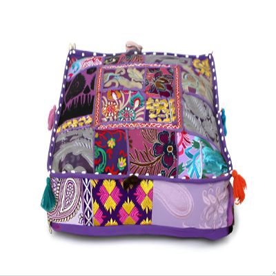 CRAFT KALA Indian Square Patchwork Traditional Pouf Cover Indian Living Room Poufs Decorative Embroidered Designer Ottoman Home Living Footstool Chair Cover Decor Pillow Cover 18x18x5 inches, Purple