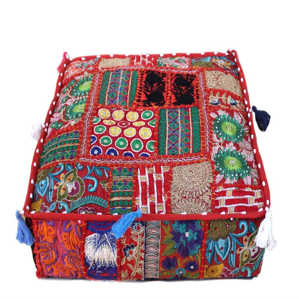 CRAFT KALA Indian Square Patchwork Traditional Pouf Cover Indian Living Room Poufs Decorative Embroidered Designer Ottoman Home Living Footstool Chair Cover Decor Pillow Cover 18x18x5 inches, Red