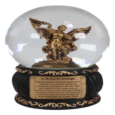 Ebros Guardian Holy Archangel Saint Michael Trampling Satan Glitter Water Globe with Prayer Plaque Gold Scroll Art Base 5.25" Tall Guido Reni Inspired Catholic Church Snow Globes Decor Figurine