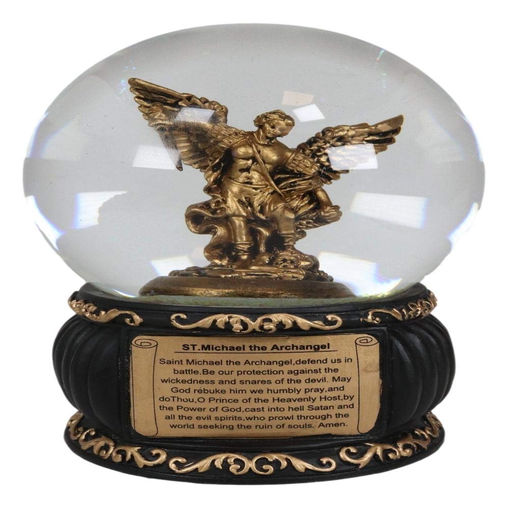 Ebros Guardian Holy Archangel Saint Michael Trampling Satan Glitter Water Globe with Prayer Plaque Gold Scroll Art Base 5.25" Tall Guido Reni Inspired Catholic Church Snow Globes Decor Figurine