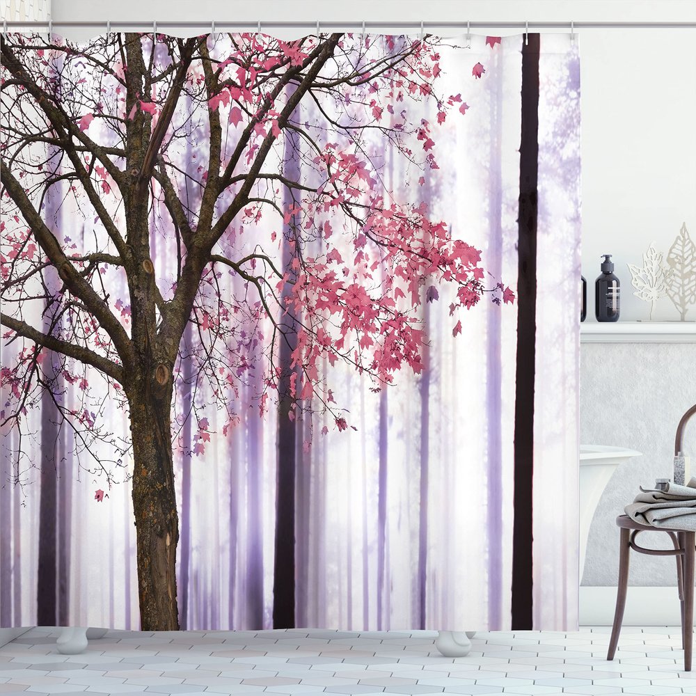Ambesonne Autumn Shower Curtain, Picture of a Lonely Tree Leaves on an Abstract Woodland Background Print, Cloth Fabric Bathroom Decor Set with Hooks, 69" W x 84" L, Lilac Pink