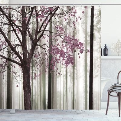 Ambesonne Autumn Shower Curtain, Picture of a Lonely Tree Leaves on an Abstract Woodland Background Print, Cloth Fabric Bathroom Decor Set with Hooks, 69" W x 84" L, Pale Fuchsia