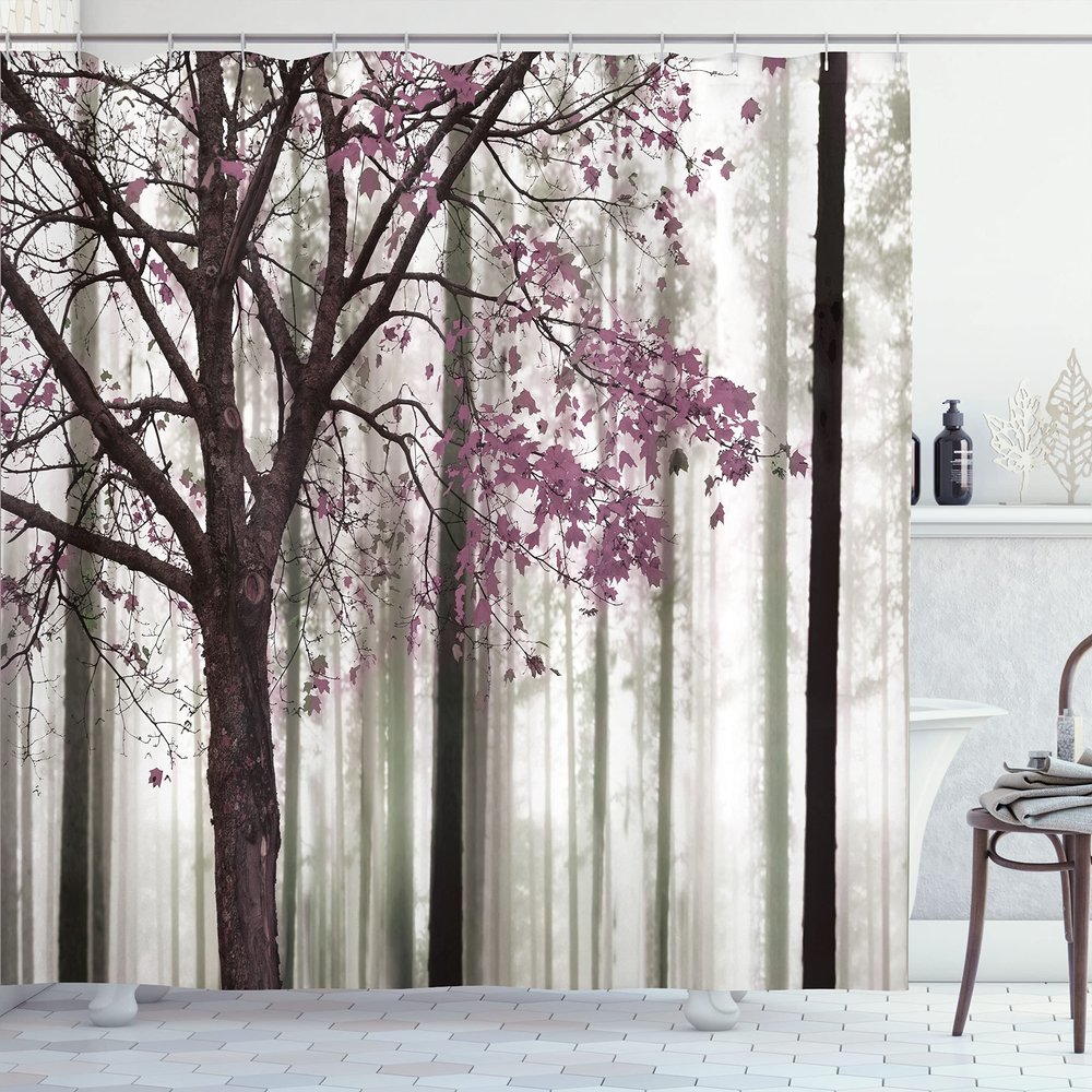 Ambesonne Autumn Shower Curtain, Picture of a Lonely Tree Leaves on an Abstract Woodland Background Print, Cloth Fabric Bathroom Decor Set with Hooks, 69" W x 84" L, Pale Fuchsia