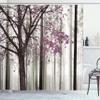 Ambesonne Autumn Shower Curtain, Picture of a Lonely Tree Leaves on an Abstract Woodland Background Print, Cloth Fabric Bathroom Decor Set with Hooks, 69" W x 84" L, Pale Fuchsia view 1