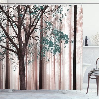 Ambesonne Autumn Shower Curtain, Picture of a Lonely Tree Leaves on an Abstract Woodland Background Print, Cloth Fabric Bathroom Decor Set with Hooks, 69" W x 70" L, Blue Cadet