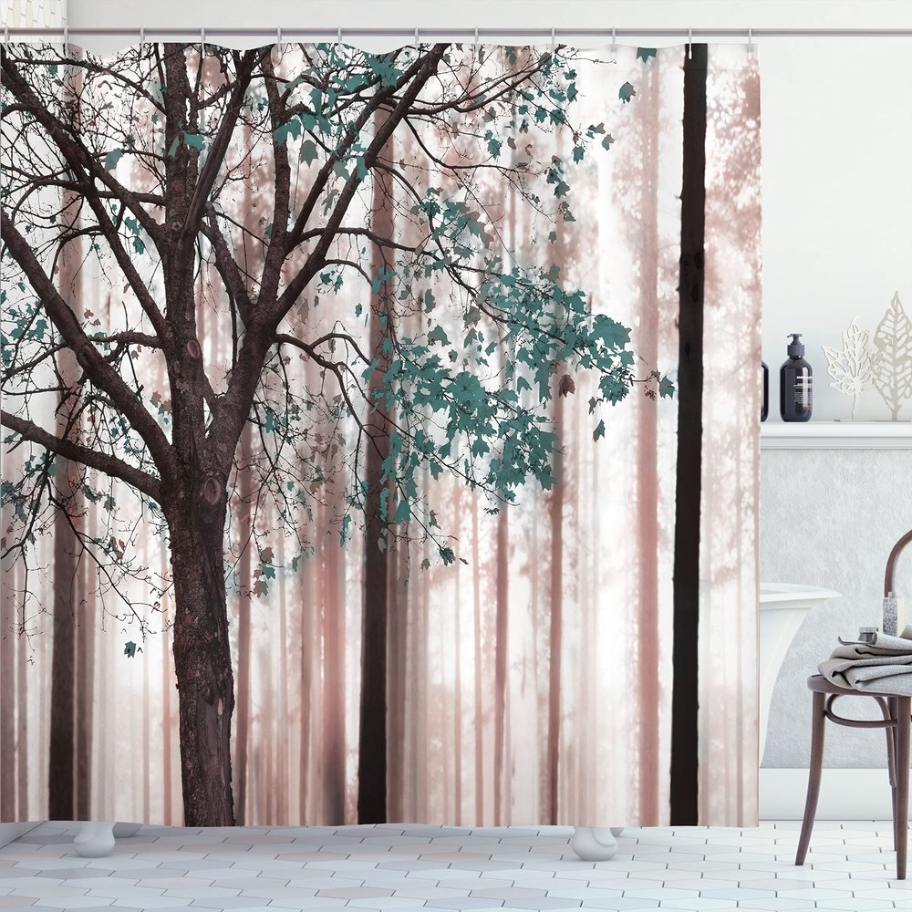 Ambesonne Autumn Shower Curtain, Picture of a Lonely Tree Leaves on an Abstract Woodland Background Print, Cloth Fabric Bathroom Decor Set with Hooks, 69" W x 70" L, Blue Cadet