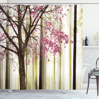Ambesonne Autumn Shower Curtain, Picture of a Lonely Tree Leaves on an Abstract Woodland Background Print, Cloth Fabric Bathroom Decor Set with Hooks, 69" W x 84" L, Soft Green
