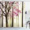 Ambesonne Autumn Shower Curtain, Picture of a Lonely Tree Leaves on an Abstract Woodland Background Print, Cloth Fabric Bathroom Decor Set with Hooks, 69" W x 84" L, Soft Green view 1