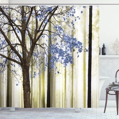 Ambesonne Autumn Shower Curtain, Picture of a Lonely Tree Leaves on an Abstract Woodland Background Print, Cloth Fabric Bathroom Decor Set with Hooks, 69" W x 84" L, Night Violet