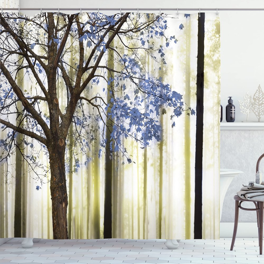 Ambesonne Autumn Shower Curtain, Picture of a Lonely Tree Leaves on an Abstract Woodland Background Print, Cloth Fabric Bathroom Decor Set with Hooks, 69" W x 84" L, Night Violet