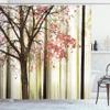 Ambesonne Autumn Shower Curtain, Picture of a Lonely Tree Leaves on an Abstract Woodland Background Print, Cloth Fabric Bathroom Decor Set with Hooks, 69" W x 84" L, Coral Cream view 1