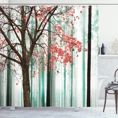Ambesonne Autumn Shower Curtain, Picture of a Lonely Tree Leaves on an Abstract Woodland Background Print, Cloth Fabric Bathroom Decor Set with Hooks, 69" W x 84" L, Salmon Turquoise