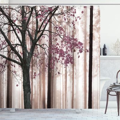 Ambesonne Autumn Shower Curtain, Picture of a Lonely Tree Leaves on an Abstract Woodland Background Print, Cloth Fabric Bathroom Decor Set with Hooks, 69" W x 75" L, Mauve Taupe