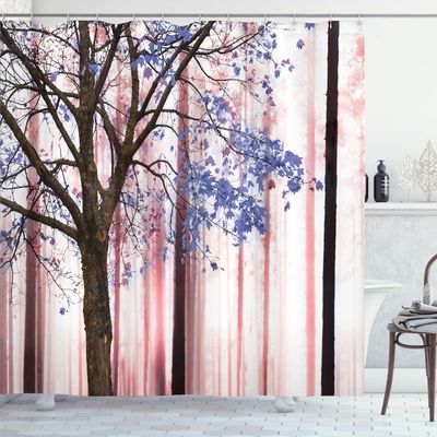 Ambesonne Autumn Shower Curtain, Picture of a Lonely Tree Leaves on an Abstract Woodland Background Print, Cloth Fabric Bathroom Decor Set with Hooks, 69" W x 84" L, Ceil Blue