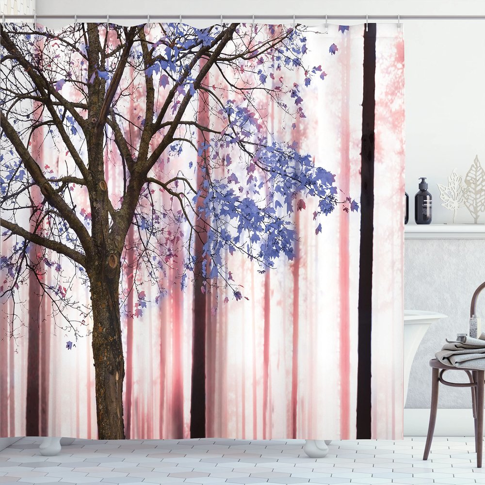 Ambesonne Autumn Shower Curtain, Picture of a Lonely Tree Leaves on an Abstract Woodland Background Print, Cloth Fabric Bathroom Decor Set with Hooks, 69" W x 84" L, Ceil Blue