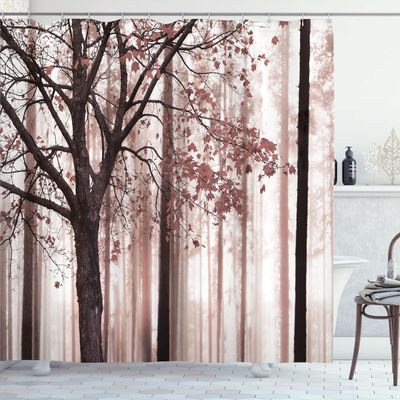 Ambesonne Autumn Shower Curtain, Picture of a Lonely Tree Leaves on an Abstract Woodland Background Print, Cloth Fabric Bathroom Decor Set with Hooks, 69" W x 84" L, Dried Rose