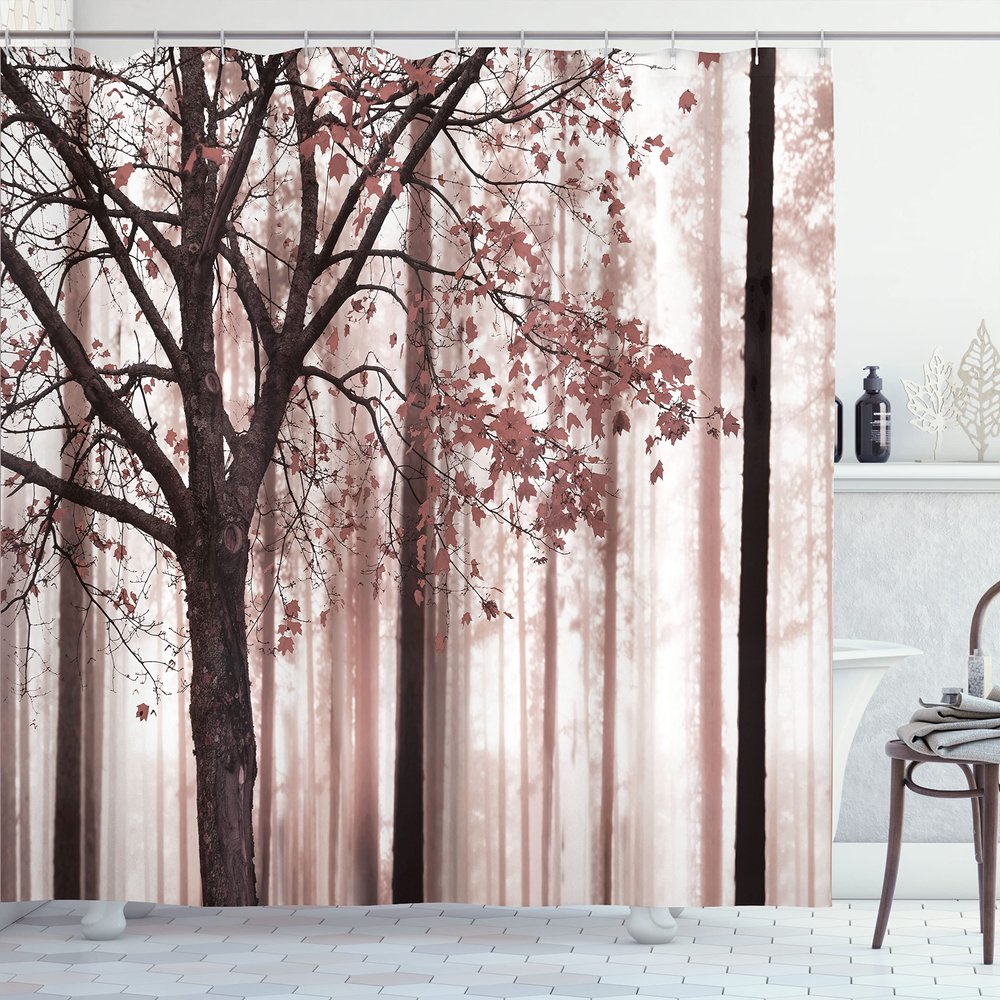 Ambesonne Autumn Shower Curtain, Picture of a Lonely Tree Leaves on an Abstract Woodland Background Print, Cloth Fabric Bathroom Decor Set with Hooks, 69" W x 84" L, Dried Rose