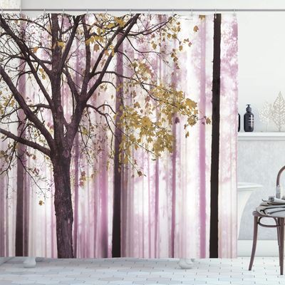 Ambesonne Autumn Shower Curtain, Picture of a Lonely Tree Leaves on an Abstract Woodland Background Print, Cloth Fabric Bathroom Decor Set with Hooks, 69" W x 84" L, Sand Brown