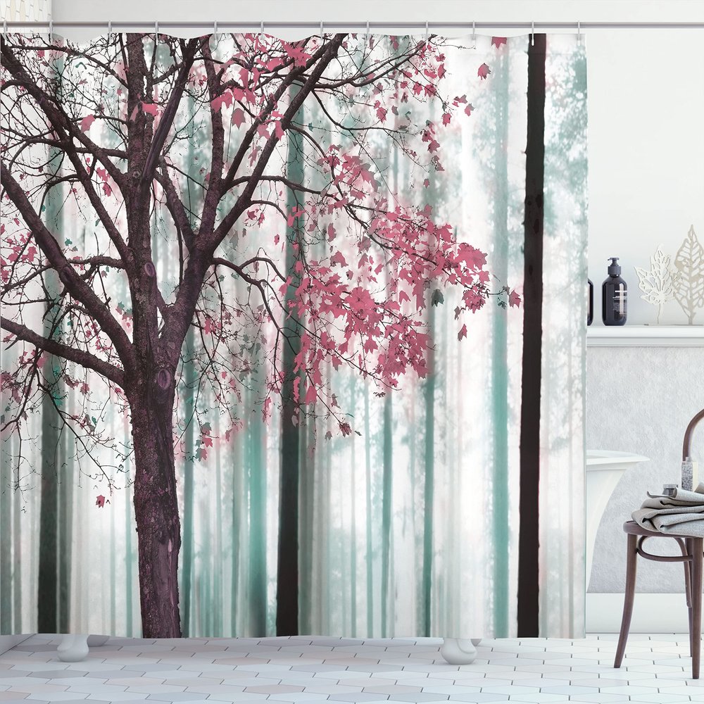 Ambesonne Autumn Shower Curtain, Picture of a Lonely Tree Leaves on an Abstract Woodland Background Print, Cloth Fabric Bathroom Decor Set with Hooks, 69" W x 84" L, Pastel Pink