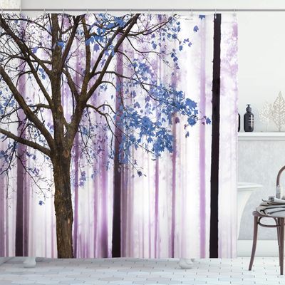 Ambesonne Autumn Shower Curtain, Picture of a Lonely Tree Leaves on an Abstract Woodland Background Print, Cloth Fabric Bathroom Decor Set with Hooks, 69" W x 84" L, Lavender Blue