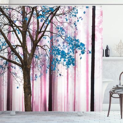 Ambesonne Autumn Shower Curtain, Picture of a Lonely Tree Leaves on an Abstract Woodland Background Print, Cloth Fabric Bathroom Decor Set with Hooks, 69" W x 84" L, Baby Pink