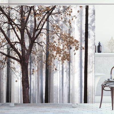 Ambesonne Autumn Shower Curtain, Fall Thanksgiving Tree Leaves on Woods Graphic, Farmhouse Style Bathroom Decor for Powder Room & Guestroom Cloth Fabric Bath Set with Hooks, 69" W x 84" L, Warm Taupe