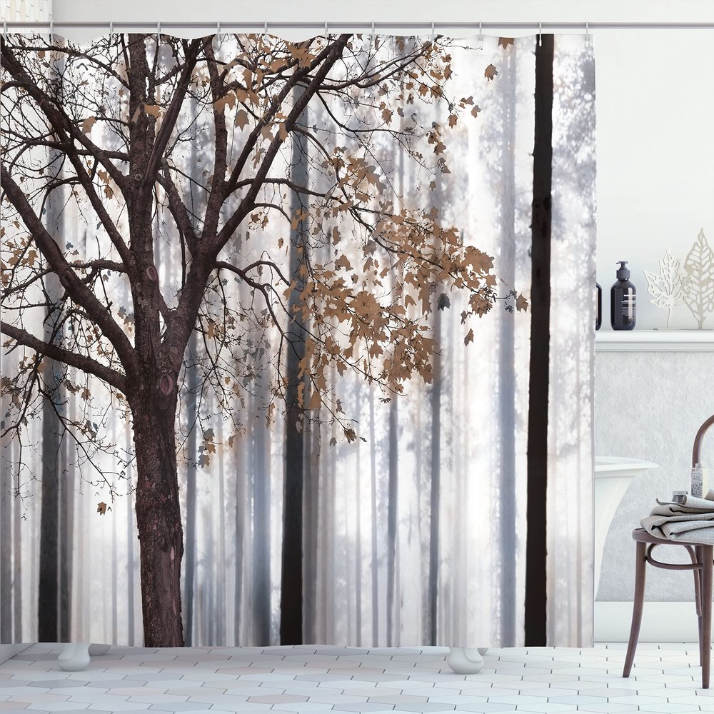 Ambesonne Autumn Shower Curtain, Fall Thanksgiving Tree Leaves on Woods Graphic, Farmhouse Style Bathroom Decor for Powder Room & Guestroom Cloth Fabric Bath Set with Hooks, 69" W x 84" L, Warm Taupe