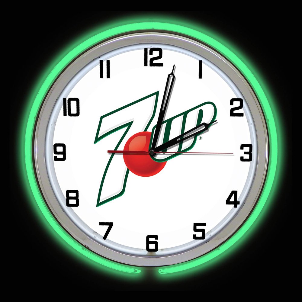19" 7 Up White Back Neon Clock, Green Outside Tube, Two Neon Tubes