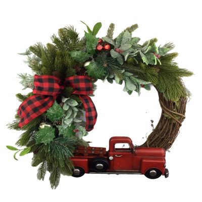 Artisan 23x23x4 Grapevine Christmas Wreath with Mixed Greenery, Buffalo Red/Black Bow, Red Metal Truck, Natural Christmas Wreath