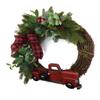 Artisan 23x23x4 Grapevine Christmas Wreath with Mixed Greenery, Buffalo Red/Black Bow, Red Metal Truck, Natural Christmas Wreath view 3