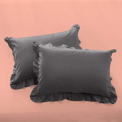 Ruffle Oversized King Pillow Shams Set of 2 Dark Grey Pillow Shams Oversized King 20X40 100% Egyptian Cotton 800 Thread Count Bedding Decorative Ruffle Pillow Shams Set