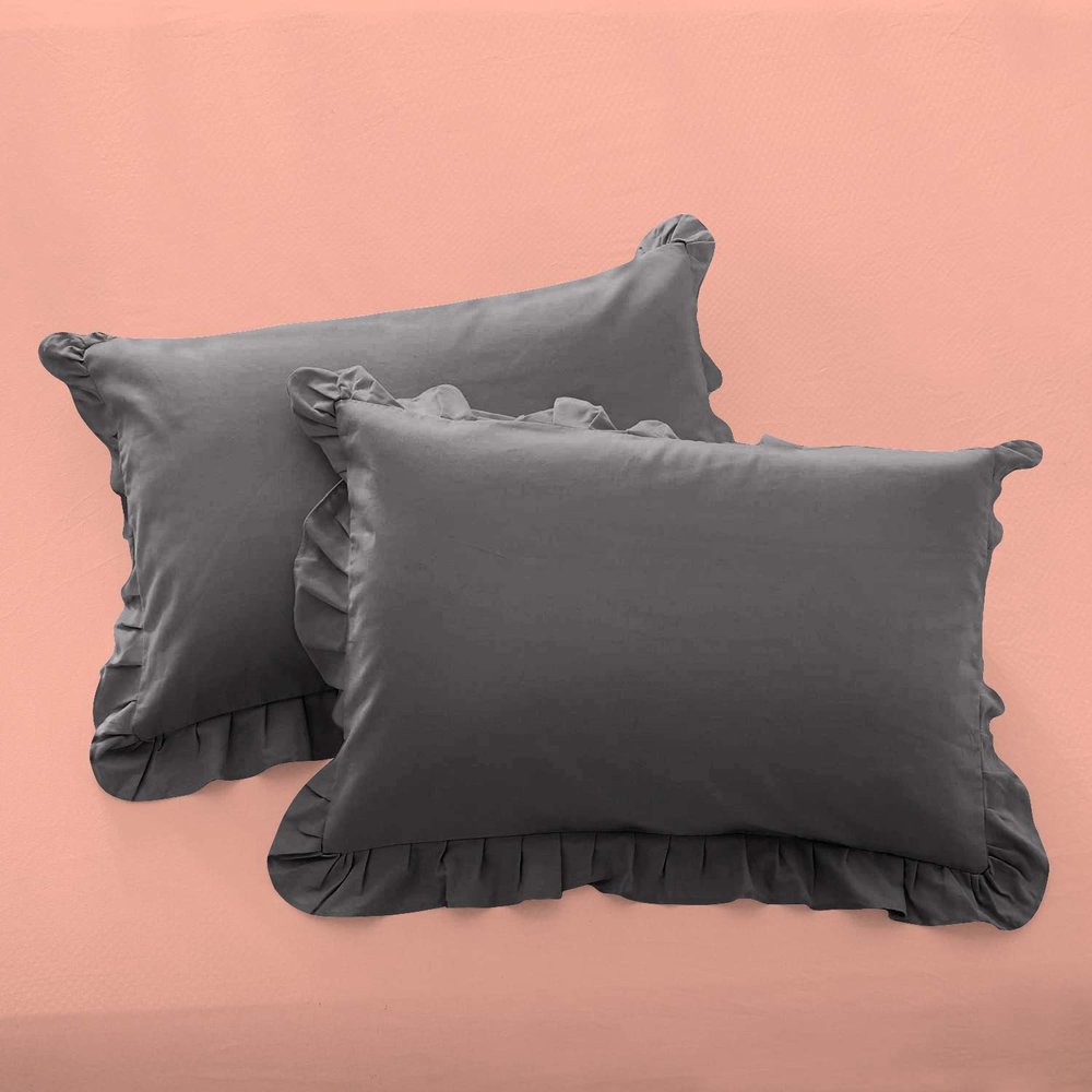 Ruffle Oversized King Pillow Shams Set of 2 Dark Grey Pillow Shams Oversized King 20X40 100% Egyptian Cotton 800 Thread Count Bedding Decorative Ruffle Pillow Shams Set