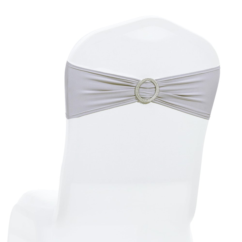 MDS Pack of 50 Spandex Chair Sashes Bow Premium Stretch Chair Cover Band with Buckle Slider Universal fits Elastic Dining Chair Ties for Wedding Party Banquet Events Decoration - Light Silver