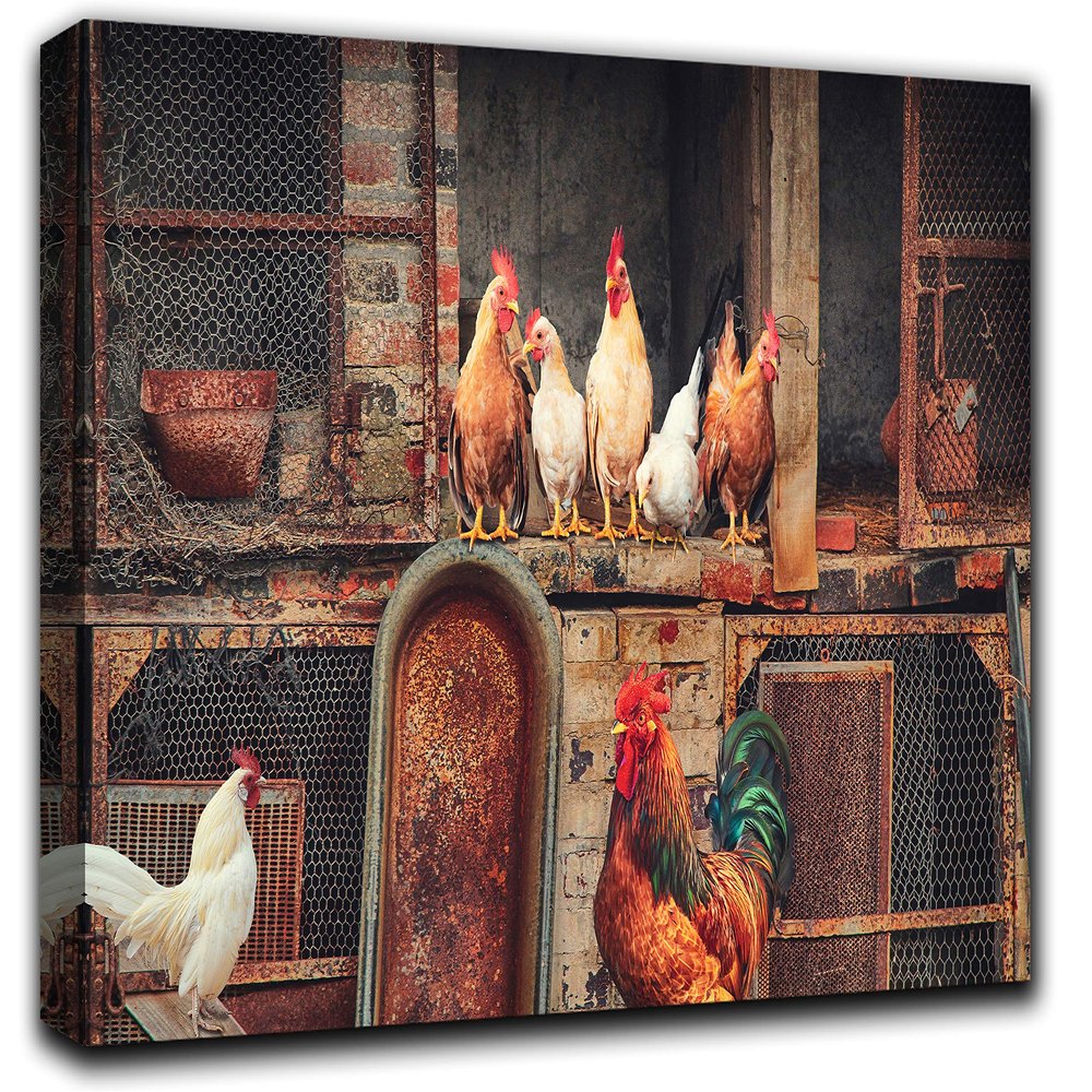 Roosters in Hen House Wall Art Decor Picture Painting Poster Print on Canvas Panels Pieces - Nature Theme Wall Decoration Set - Farm Wall Picture for Creative Space 23 by 40 in
