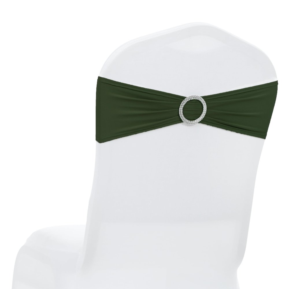MDS Pack of 100 Spandex Chair Sashes Bow Premium Stretch Chair Cover Band with Buckle Slider Universal fits Elastic Dining Chair Ties for Wedding Party Banquet Events Decoration - Olive Green