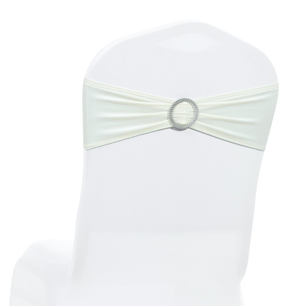 MDS Pack of 75 Spandex Chair Sashes Bow Premium Stretch Chair Cover Band with Buckle Slider Universal fits Elastic Dining Chair Ties for Wedding Party Banquet Events Decoration - Ivory