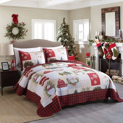 3 Piece Gorgeous Winter Christmas Quilt Set Queen Size, Beautiful Snowman Snowflake Deer Tree Wreaths Garlands Design Rustic Bedding, Reversible Buffalo Plaid Checkered Patchwork White Red Quilt