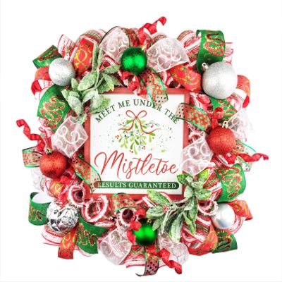 Artisan 20x20x6 "Meet Me Under the Mistletoe" Christmas Wreath with 8 Ball Ornaments & Lots of Ribbon. Wreath is Very Full, Made with 30 Feet of Weather Resistant Snow Metallic Fabric