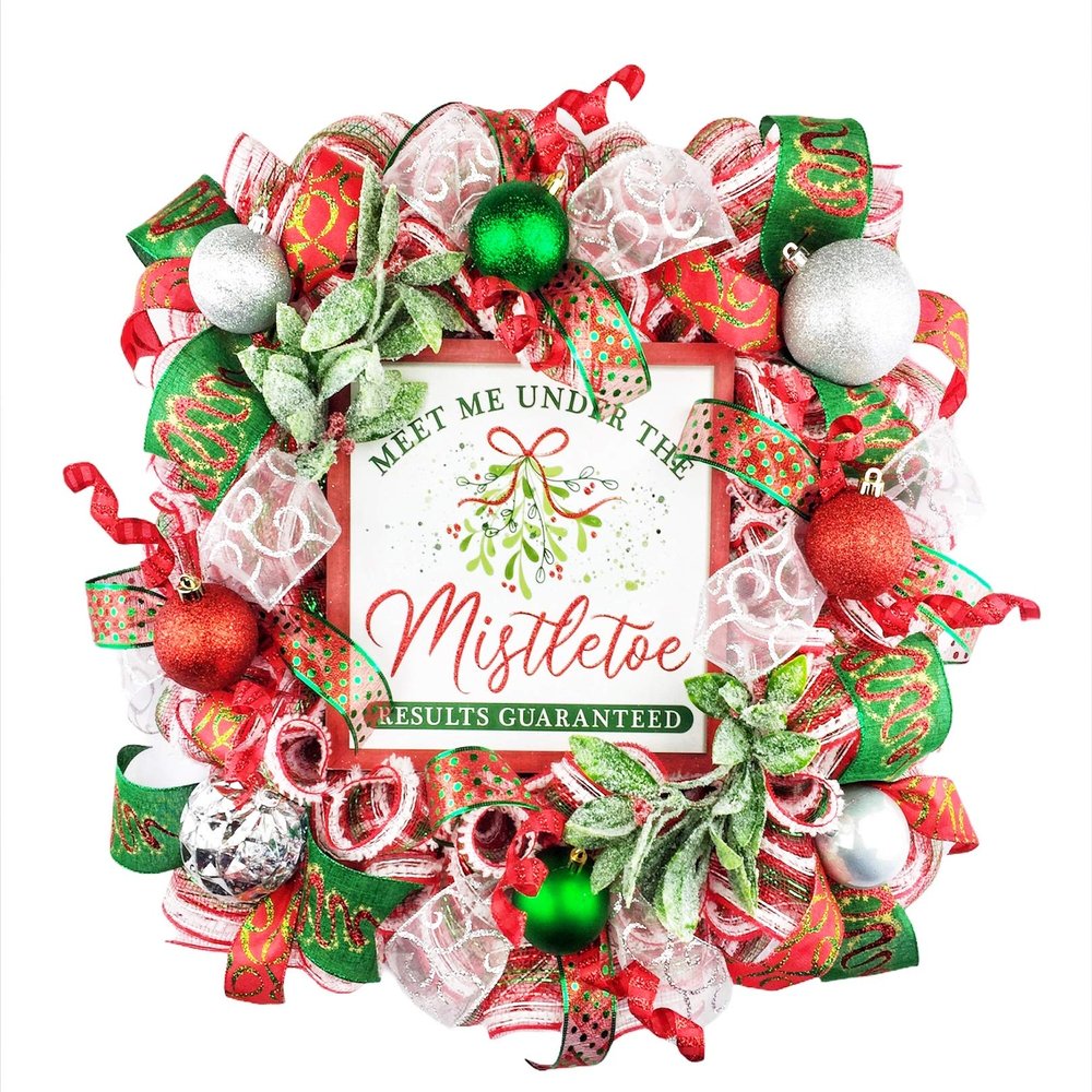 Artisan 20x20x6 "Meet Me Under the Mistletoe" Christmas Wreath with 8 Ball Ornaments & Lots of Ribbon. Wreath is Very Full, Made with 30 Feet of Weather Resistant Snow Metallic Fabric
