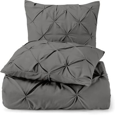 3 Piece Luxurious Pinch Pleated Duvet Cover with Zipper & Corner Ties 100% 100% Egyptian Cotton Pintuck Duvet Cover Set (106x92 King Size, Dark Grey)