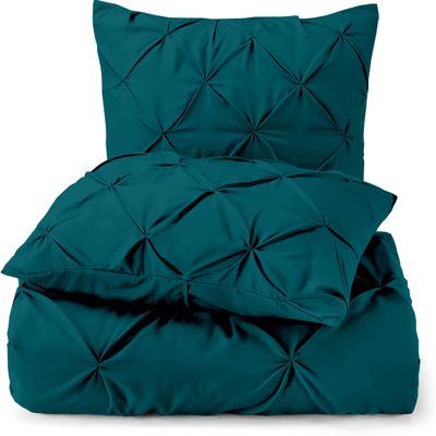 3 Piece Luxurious Pinch Pleated Duvet Cover with Zipper & Corner Ties 100% 100% Egyptian Cotton Pintuck Duvet Cover Set (120X98 Oversize King, Teal)