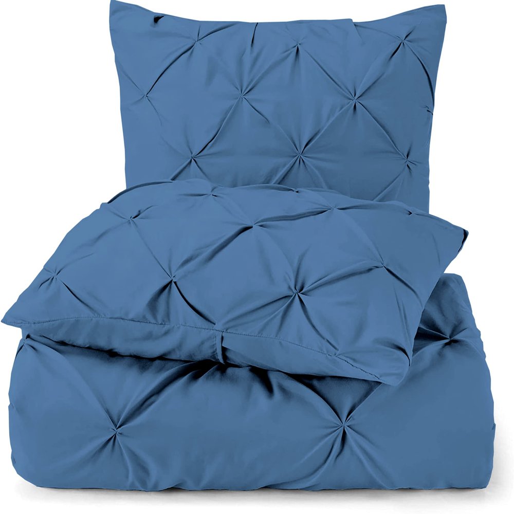 3 Piece Luxurious Pinch Pleated Duvet Cover with Zipper & Corner Ties 100% 100% Egyptian Cotton Pintuck Duvet Cover Set (120X98 Oversize King, Medium Blue)