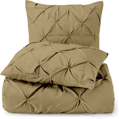 3 Piece Luxurious Pinch Pleated Duvet Cover with Zipper & Corner Ties 100% 100% Egyptian Cotton Pintuck Duvet Cover Set (120X98 Oversize King, Beige)
