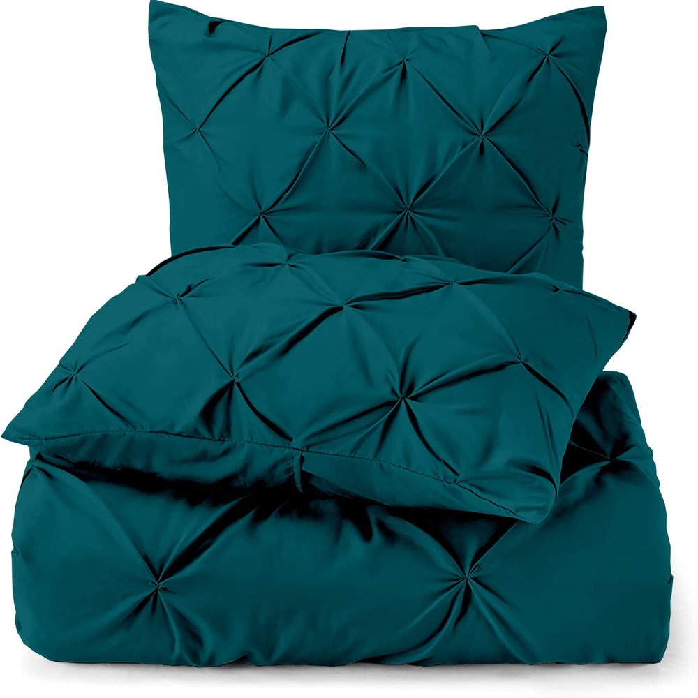 3 Piece Luxurious Pinch Pleated Duvet Cover with Zipper & Corner Ties 100% 100% Egyptian Cotton Pintuck Duvet Cover Set (All Queen 90x90 Size, Teal)